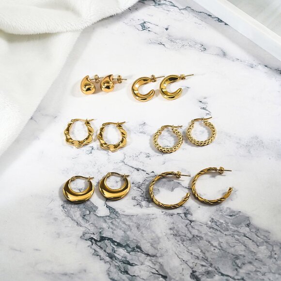 JeenMata 6 Pairs of Hypoallergenic Gold Plated Twist Hoop Earrings Set New - Picture 1 of 7